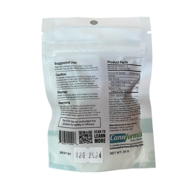 a white package and nutritional information for Cannformis 50 mg gummies